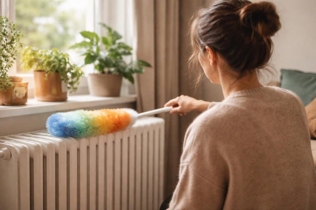 personne-plumeau-depoussierer-radiateur-plantes